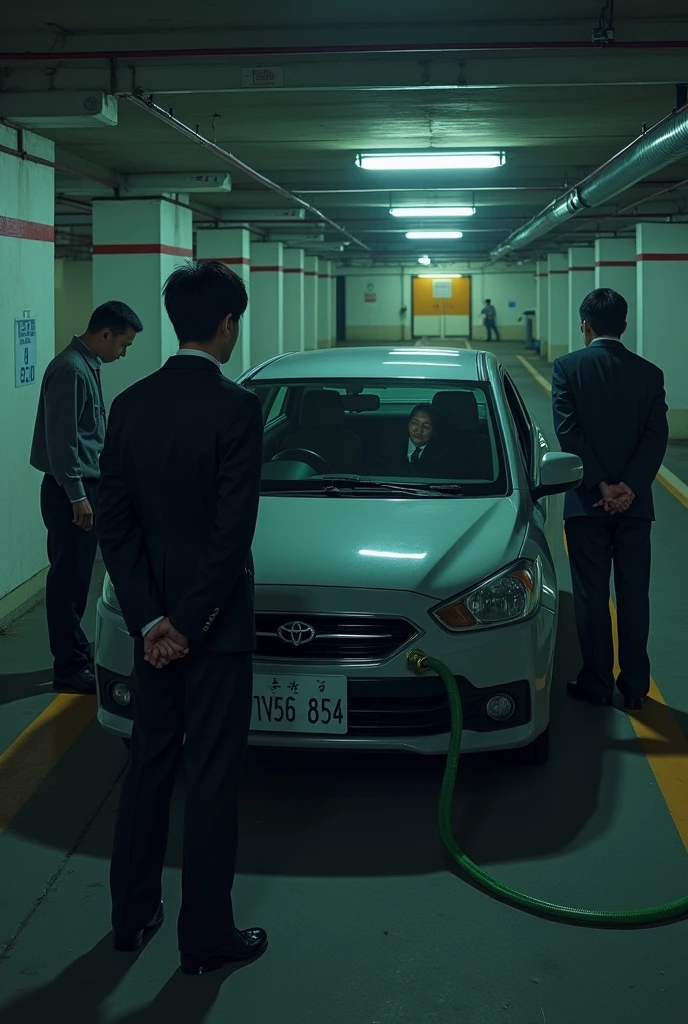 2 men standing in front of the car，1 person inspects the vehicle using a maintenance tool，facial closeups、sface focus。