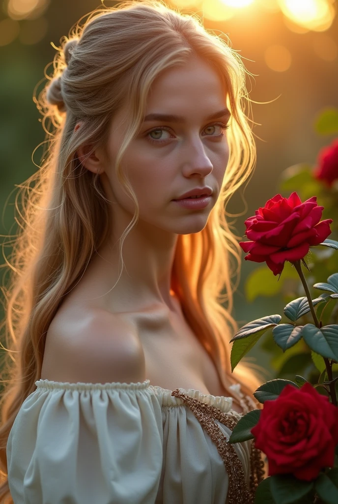 A woman with long Laughs hair, two color eyes (green and brown), she wears a greek goddess style outfit, wears a crown of Dead roses. She has powers and is Holding a dead rose. She is old and has a burn scar on her right shoulder.