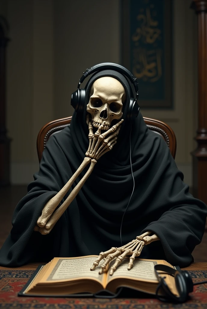 skeleton sitting on chair frant of camera and use headphones