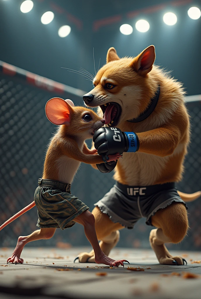Mouse fight with man standing in boxing ring