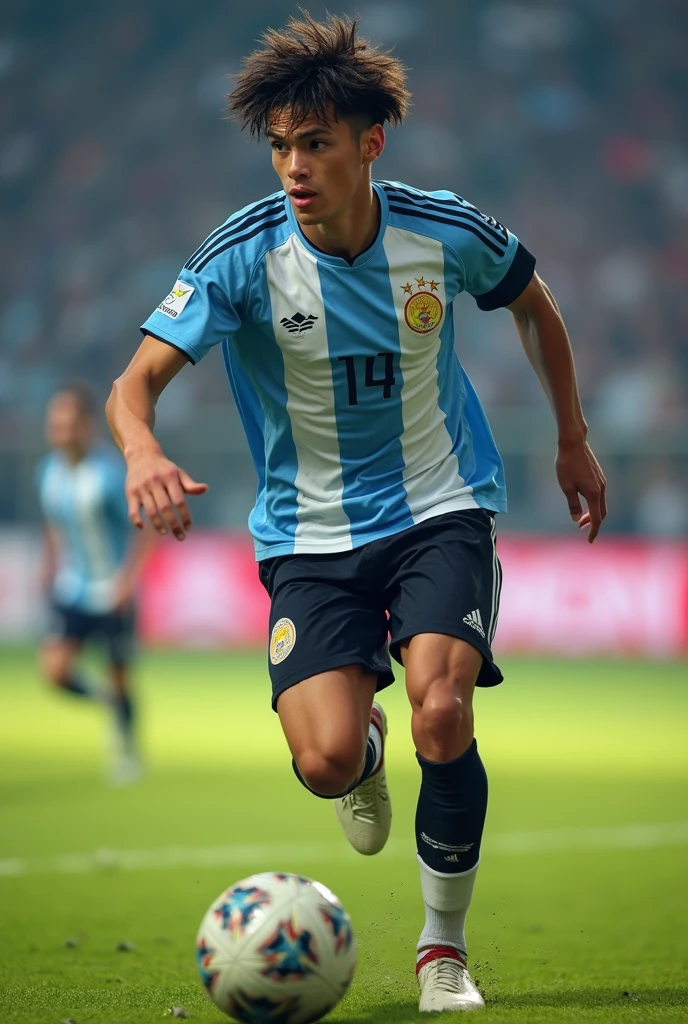 Male soccer player with yellow jersey and blue shorts facing the camera, Squatting. 