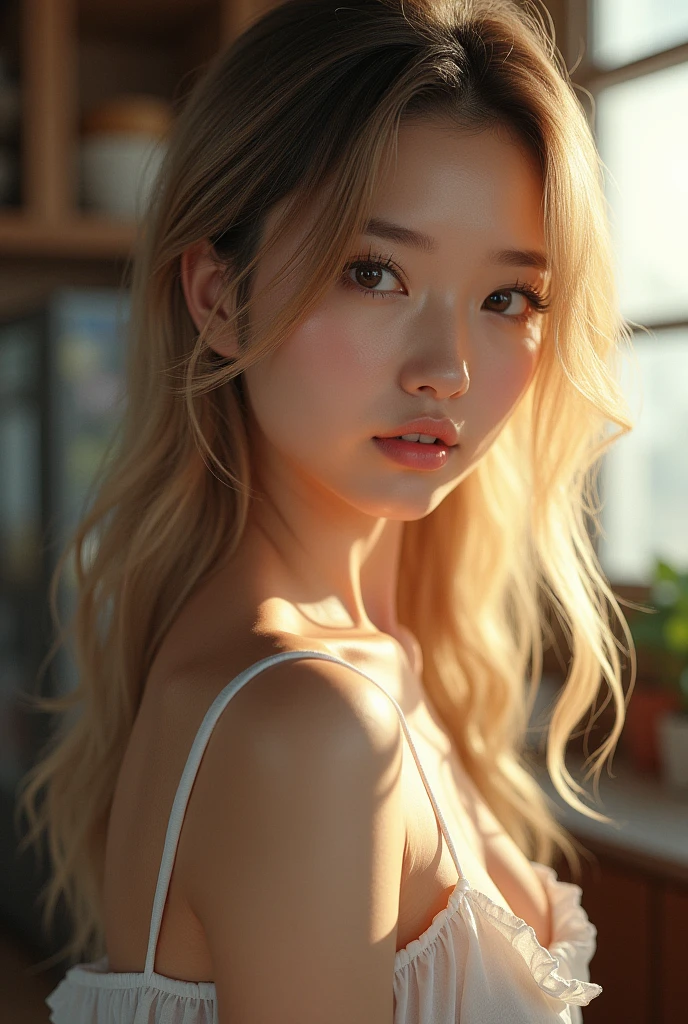 Asian young adult, fly away, blonde, realistic professional photo, for job profile