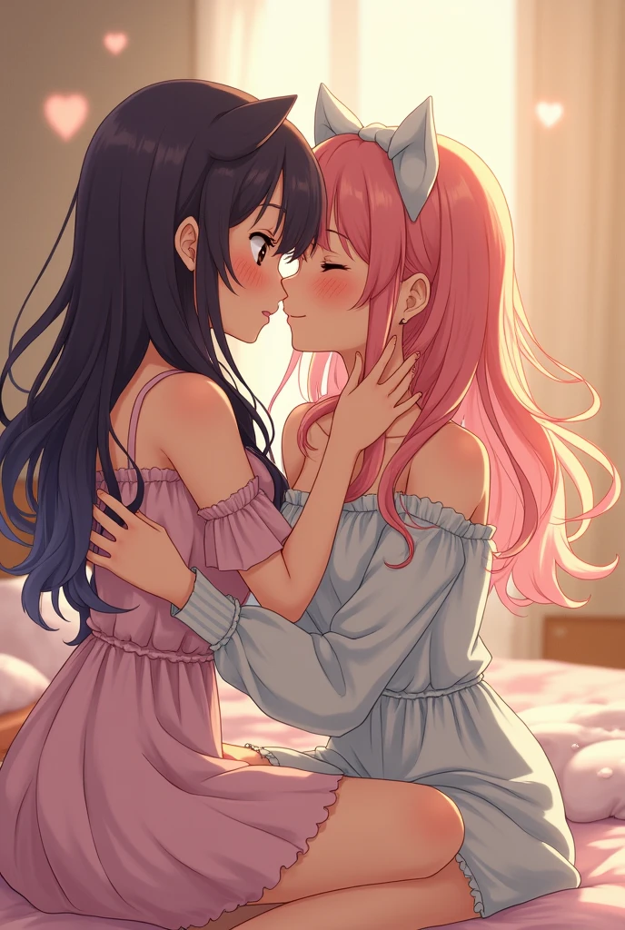 2girls，girl1：adolable，A pink-haired，Long whit hair，white stockings，robe blanche，Girl 2：adolable，A pink-haired，Long whit hair，white stockings，robe blanche。Kisses and hugs