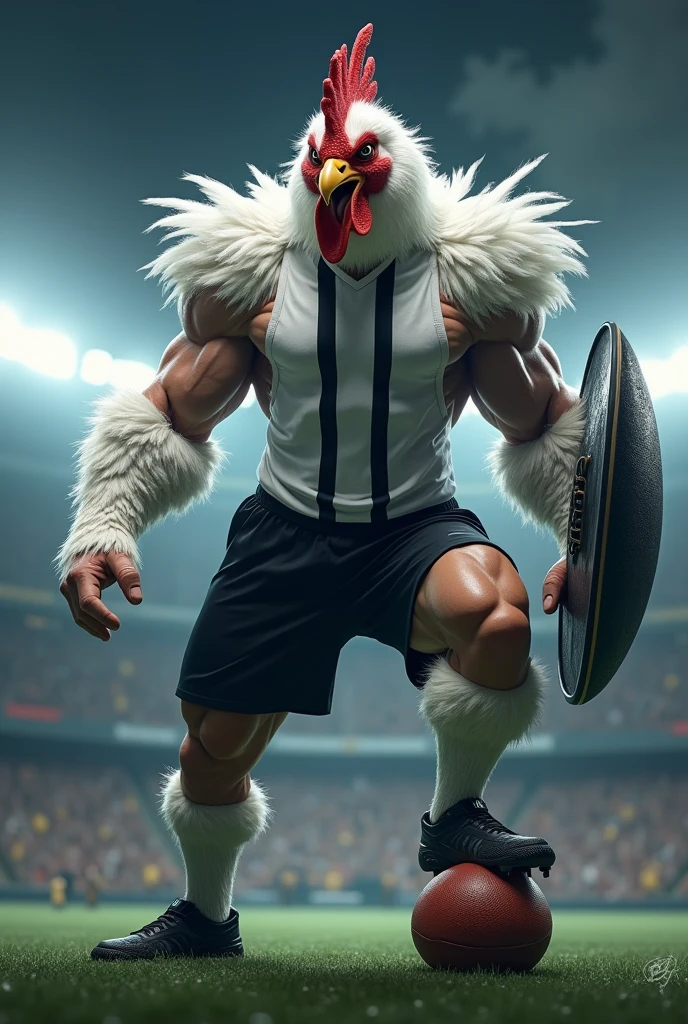 a strong rooster with muscles and an avenger in a human body with an evil face and a black and white striped shirt. Rocker faces a bambi on the stadium lawn.