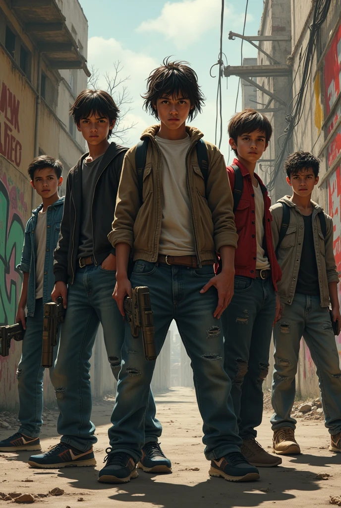 4 BOYS Russian children with 20 years of age, WITH LONG DARK STRAIGHT HAIR, WITH GREEN LEATHER OVERCOAT, PORTRAIT STYLE, flames are flying through the air on a black background, bright flame colors, colored fire, energy flows of water and fire,