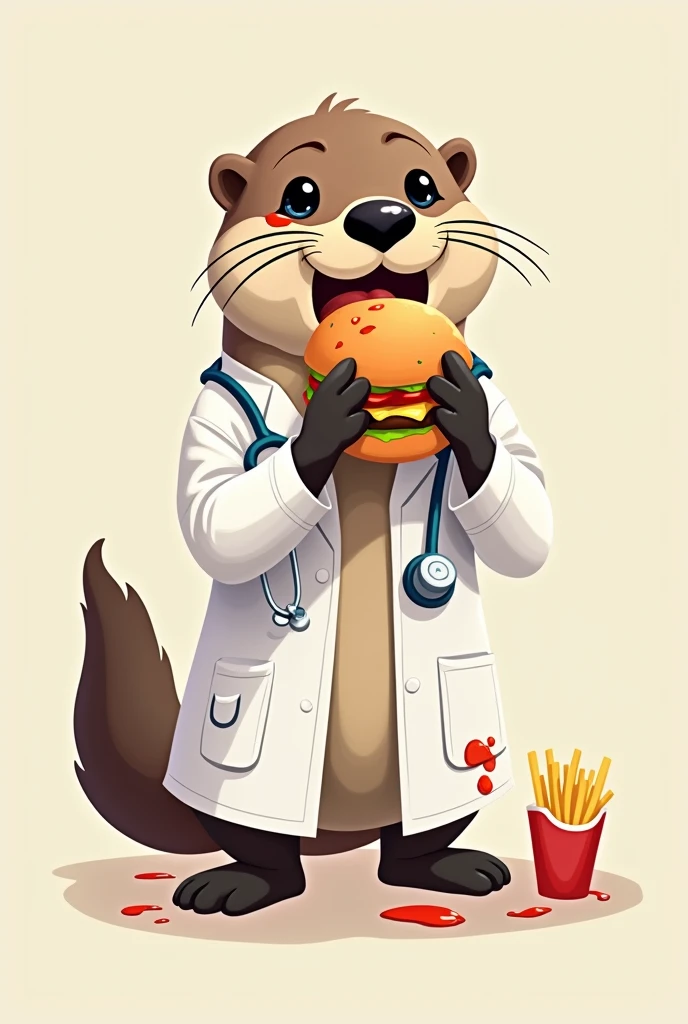 Otter lying down with obesity 2d animation for children dressed as a doctor with a frontal mirror on his forehead dirty with oil eating food a hamburger that is spilling drinking a cola soda for use as an image in a fast food place