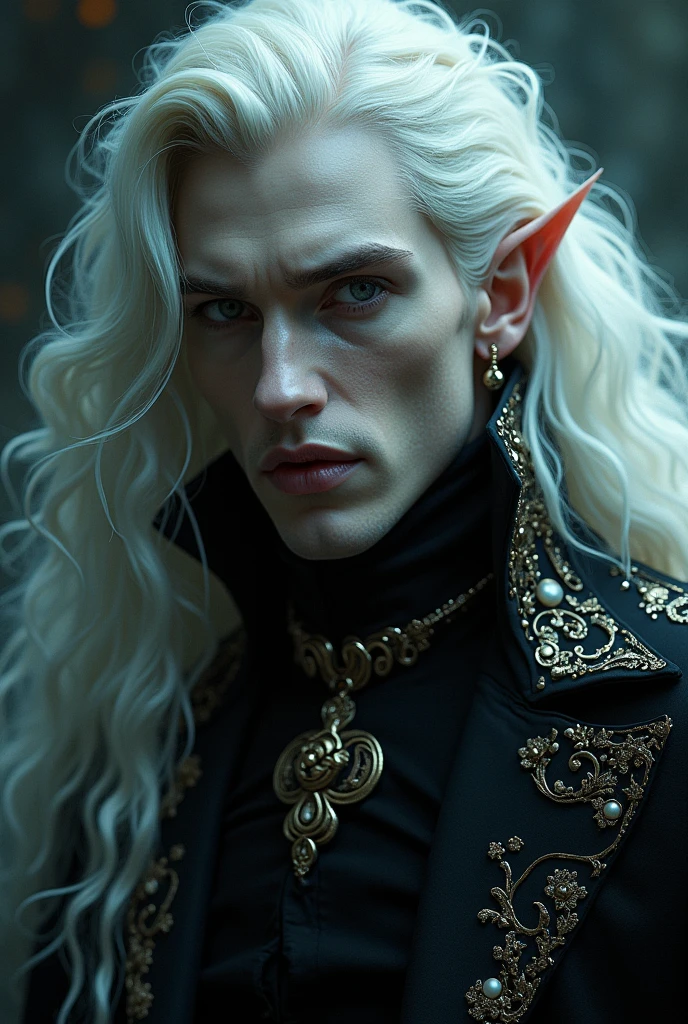 A pale skinned male vampire, bonitas, with long, platinum hair, elf hybrid with black and blue coat