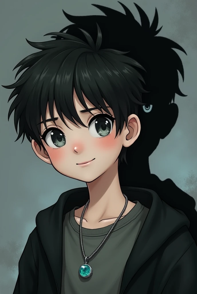 A  boy with bright gray eyes, black hair, white skin, and wearing an aquamarine necklace.
And there is a black shadow with white eyes smiling behind it, realistic, wearing a Gryffindor Hogwarts student uniform.
