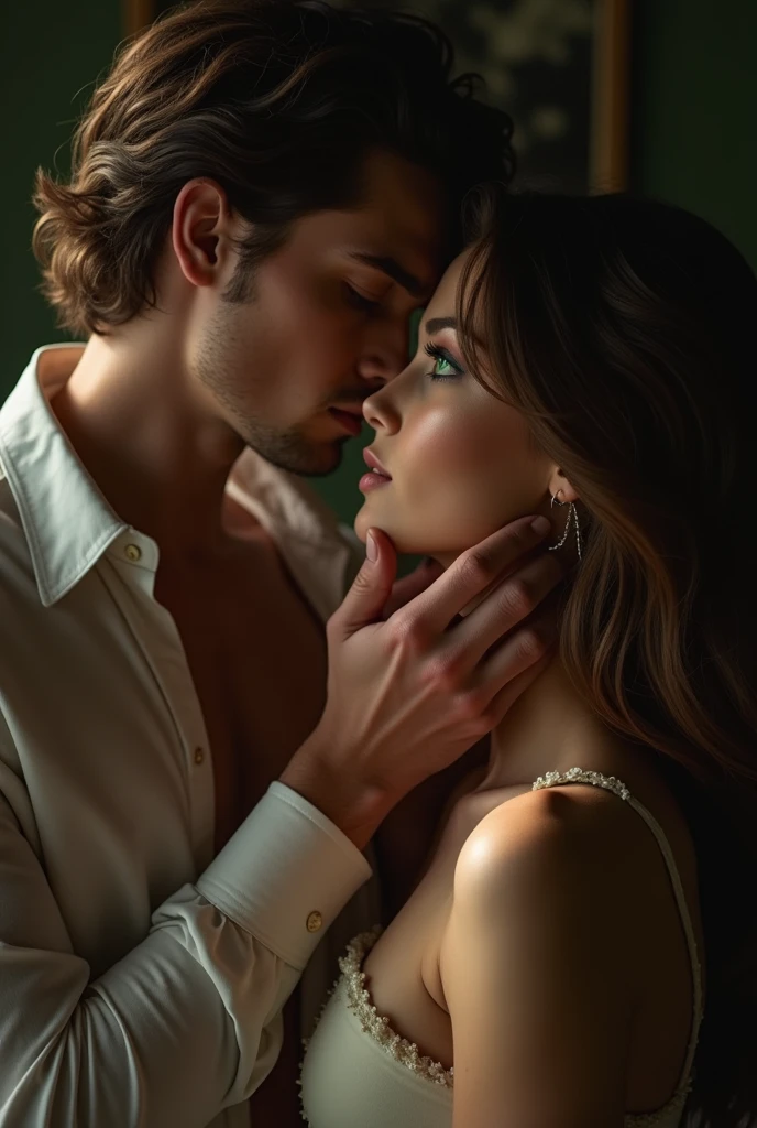 master part, best quality, .RAW, analogue style, Um retrato impressionante de um casal profundamente apaixonado em um quarto escuro com luz indireta. The man is Richard, and he's tall, forte, curtido, and handsome with his short wavy brown messy hair, olhos verde-castanhos, e tem cerca de 30 anos. The woman is Julianne, delicado com cabelo liso preto, slightly Asian brown eyes, small freckles on the nose and cheeks and full lips, por volta dos 30 anos, Scarlett Ohara: perfectly detailed facial features. The couple is embracing passionately. Create a realistic masterpiece illustration with intricate details capturing your love and emotions. Wear contemporary clothing, e garantir que a arte seja altamente detalhada. Por favor, Pay close attention to detail, como os destaques e sombras no rosto e no cabelo, para criar uma imagem realista e realista. Try different lighting techniques to improve the mood and atmosphere of the portrait. The final product should be a masterpiece that captures the essence and beauty of the couple, ((pele altamente detalhada, detalhes da pele)), foco nítido, volumetric fog, 8k UHD, DSLR, alta qualidade, filmic grain, Fujifilm XT3