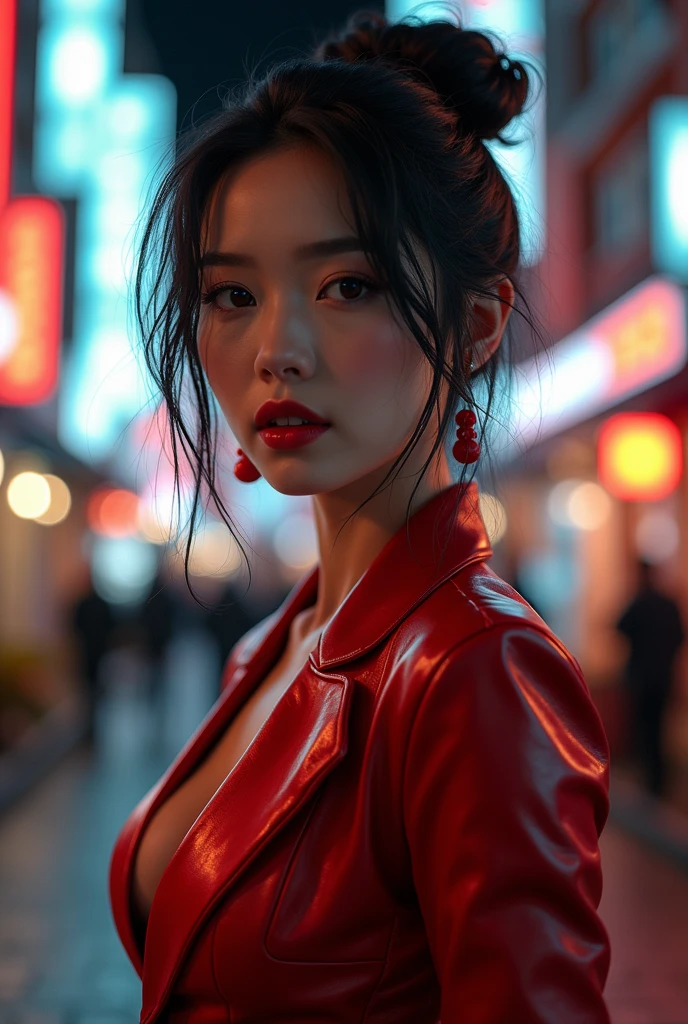 (la plus haute qualité, la plus haute qualité, Résolution 8k, masterpiece , photographie professionnelle, Des œuvres primées), ( sublime femme japonaise 35ans:1.1), (Promenez-vous dans le quartier des divertissements, rempli de vie nocturne et de glamour:1.1), (Arrière-plan fortement flou:1.1), Atmosphère la plus romantique et sensuelle, (Le costume d’affaires parfait:1.2), (clivage:1.3), (corps voluptueux:1.3), Debout avec élégance, (cheveux ondulés très courts:1.1), (Lunettes chics:1.1), Un regard séduisant et intense qui me regarde, (gros seins:1.3), maquillage parfait, beau rouge à lèvres, Fard à paupières élégant, long cils, Peau brillante ultra haute résolution, (anatomie précise:1.1)