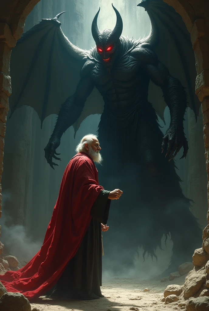 Describe the terrifying yet fascinating atmosphere of the underworld., From above an old man with long white hair, wear a blue shirt with a gold pilgrimage, in front of the demon devil with horns and wings standing in front of the sky filled with fire, demon lord, dengan devil wings neraka, king of hell, devil in hell as a dragon, devil wings, diablo 4, devil in hell, diablo digital concept art, diablo concept art, muscular humanoid balrog demon, king of hell, male devil, diablo