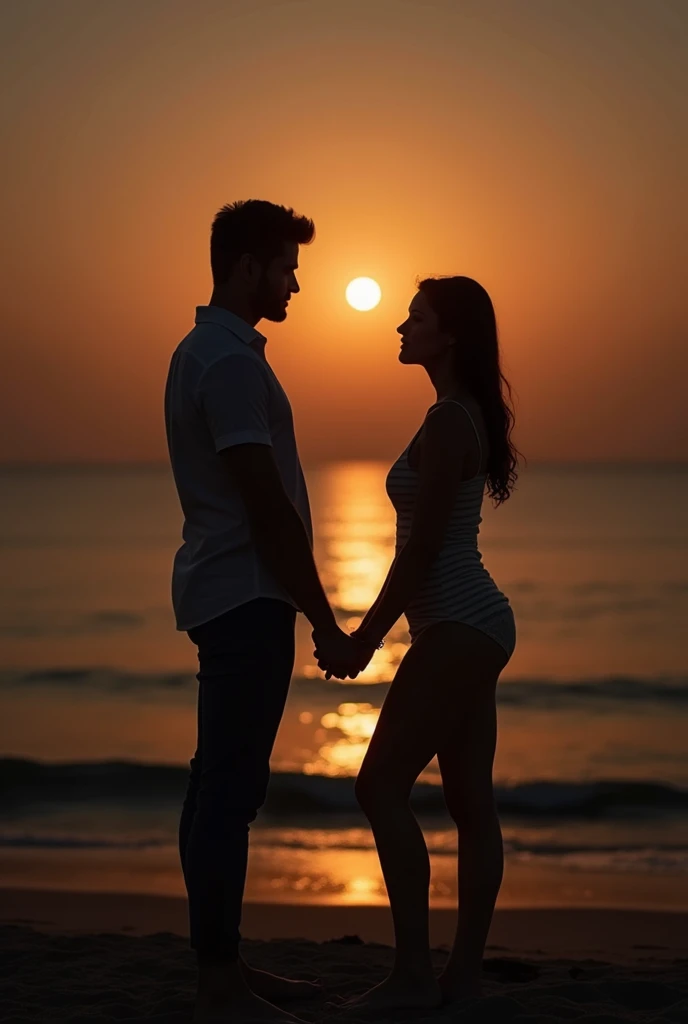 a couple in their twenties, standing on a beach, beautiful sunset, perfect body, beautiful face , ultra high quality, magical, mysterious, love, romantic, photo realistic, silhouette, ultra hd, --auto