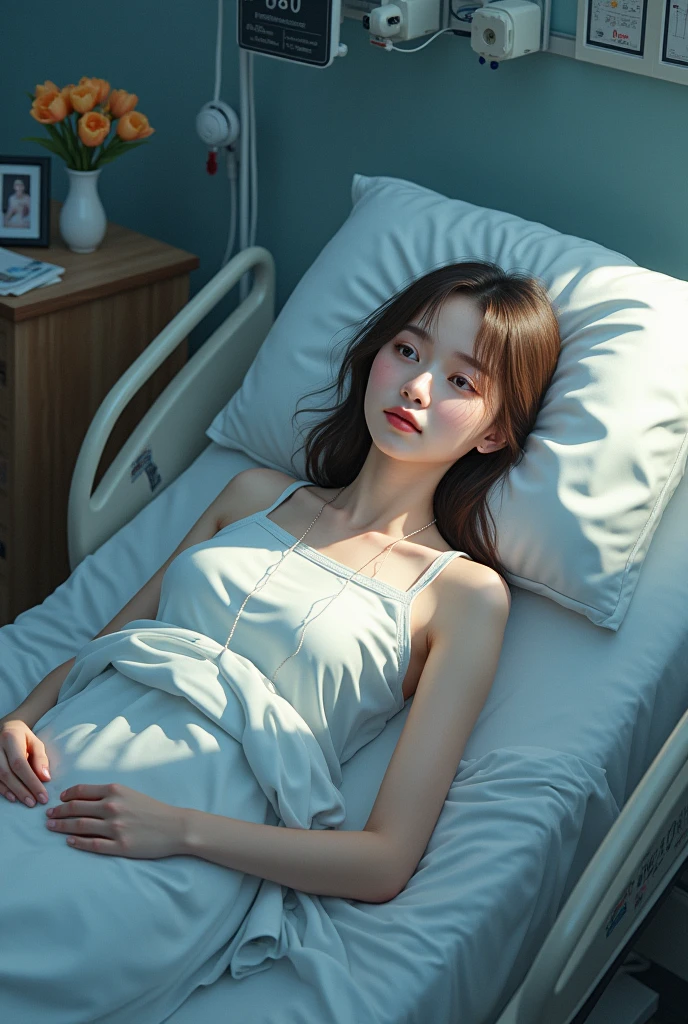 (Raw photo:1.2), (Photorealistic), Beautiful detailed girl, Very detailed eyes and face, Beautiful detailed eyes, Huge file size, High resolution, Very detailed, Best Quality, [masutepiece:1.6], Illustration, Very detailed, Fine detail, Best Quality, 8K Wallpaper, Movie Lighting,Serious -yeld gihospitalized in Japan, hospital pajamas, sitting in the hospital room, Underwear, White bra, White panties are visible, white  panties, Bed in a hospital room, Slim body, Young Face, Smaller chest, Immature body