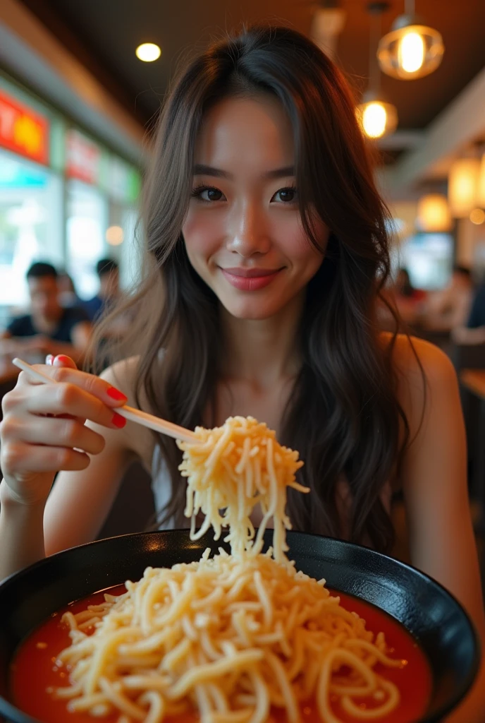 small chinese bowl with fried noodle, a few pieces of soy sauce chicken meat on top of noodles
