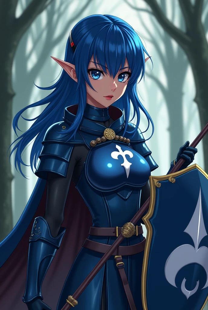 4K,High resolution,one woman,bright blue hair,long hair,red eyes,goblin,big breasts,swordsman,black dress,black gloves,black boots,Japanese sword,in the forest