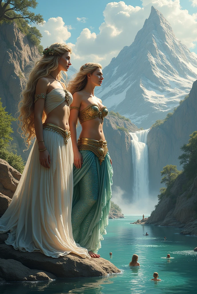 ll body many giant greek woman take a bath and talking together, river, water, litter flower, plan, tree far away, dramatic sky, dramatic cloud, on a dust field, full body, naked, female greek,female greek god, white hair, hairy torso, fantasy, intricate, elegant, highly detailed, digital painting, artstation, concept art, smooth, sharp focus, illustration, art by gaston bussiere and alphonse mucha, naked