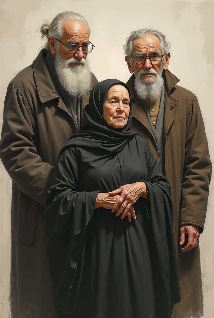 Create me a realistic portrait of an older woman in modest black Arab dress hugging two older young men in black looking straight ahead.