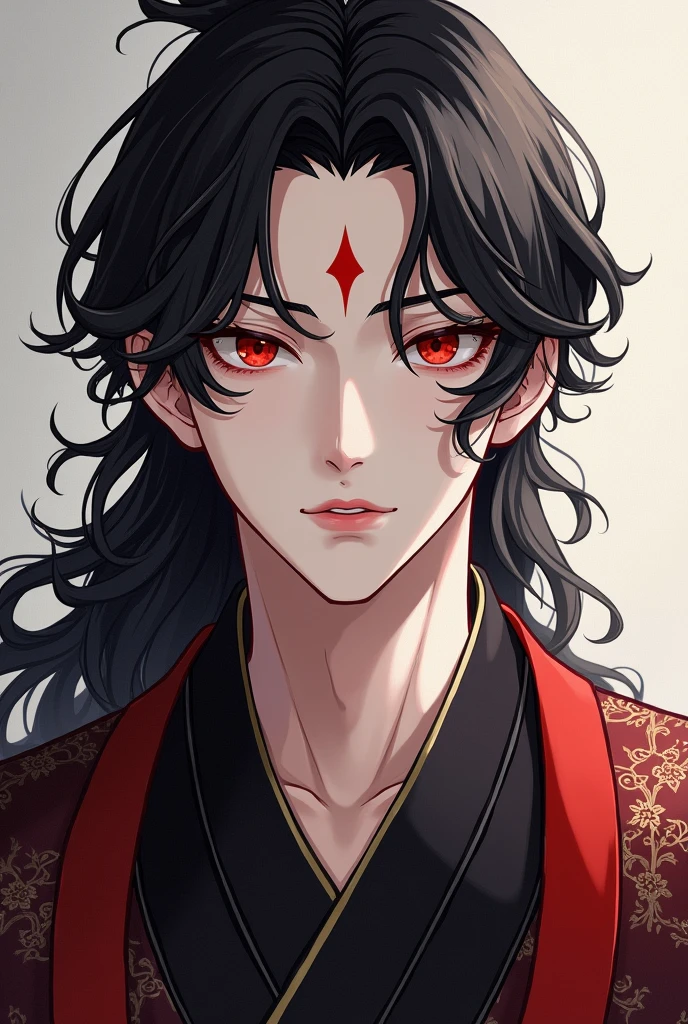 tmasterpiece, beste-Qualit, 独奏, 1boy, Long red hair, burgundy hair, (scars in the face:1.3), dark eyes, dark kimono, upper-body, portraite of a, ssmile, earings