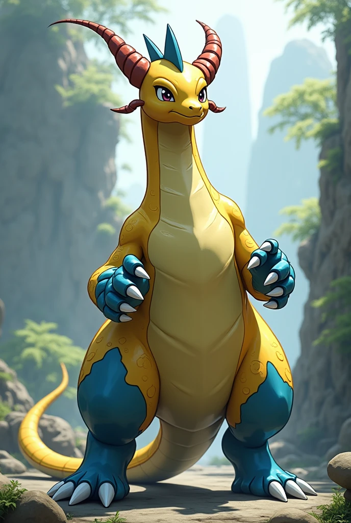 A standing Dragon in the style of Pokémon with yellow legs with blue fur; it is yellow, in addition to the horns that look like bands. It looks like Dragonite from Pokémon. He is the mega-evolution of Dragonite Fassa based on that. The horns are bands besides the blue hair he has blue hair not hair besides he has bands on the horn
