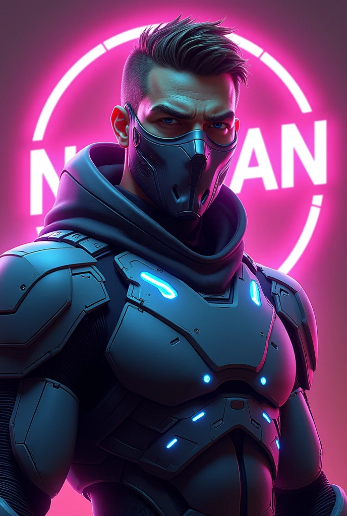 A male character from Free Fire, with long brown hair, with black mask, and a closed long-sleeved shirt with bright blue stones, Written, RARO XT, small chest, with purple aura coming out of the eyes, wearing gray pants and a brown belt