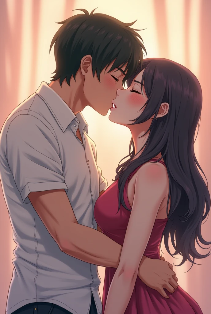 1middle age man, wrinkle face, black hair,bangs swept to the right side, Middle aged man behind girl, touching chest, biting shoulders, breatsgrope from behind, grab, grabbing chest,chestgrab behind back, removing bra, hold bra, hug back, hugging, neck kiss, 1girl, black hair, waterfall braid, red ribbon, long hair, brown eyes, blue star necklace, light cardigan pink, open shirt, yellow shirt open shifrt, navel, white bra, white pants, cute, open mouth, full body, long sleeves, cowboy shot, masterpiece, on a dating, blushing, bedroom, night, sit on bed