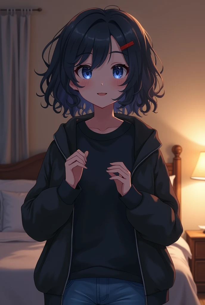 (attractive asian woman)is in the dark(Gray sofa)sitting in、(紫色のneon lighting)、(black lipstick)and(Black eyeliner)、brunette with purple highlights、short hair with bangs、(black hoodie)close-up photo of and(Gray Yoga Pants)、black lipstickandアイライナー、cross your legs、slightly rosy cheeks、look at the audience、grin、soft lighting、薄dark部屋、short stack body shape、realistic eyes、happy look、Background RGP light strip、RGP lighting、neon lighting、at night、dark