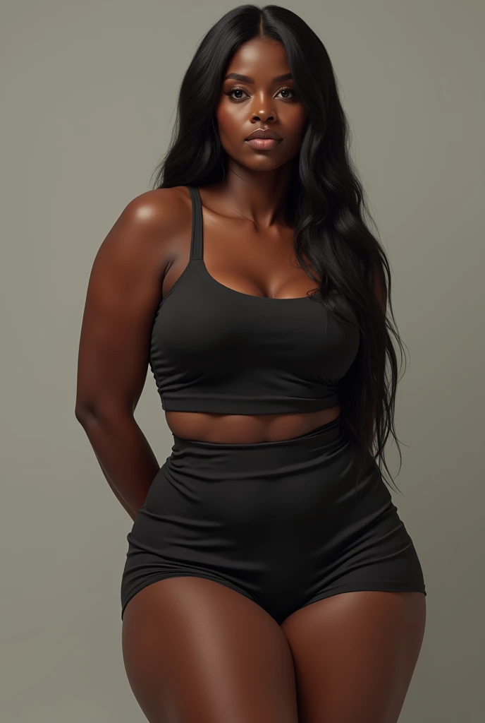 Stunning chubby black woman, long scruffy brown hair, hyperdetailed face with a mischievous smile, big hips, big thighs, big breast, hourglass body shape, clothes that emphasize the curves of the body, provocative pose, digital painting, extreme detail, digital art, 4k, ultra hd, hyper detailed, hyper realistic, photorealistic, detailed, vibrant, sharp focus, character design, artgerm, kuvshinov, character design,