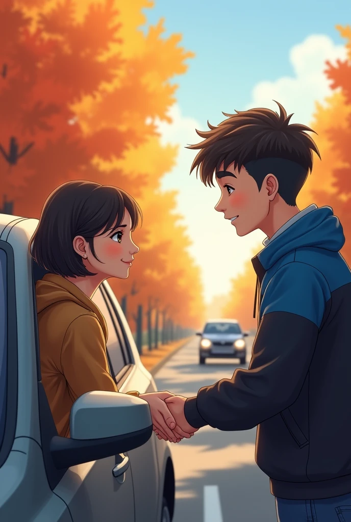 A gentle women with short hair say hello to young man wear blue and black jacket through car window while driving in traffic
Weather is autumn
