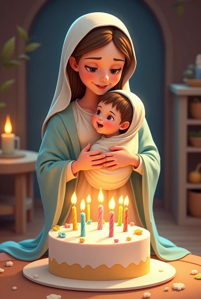 Our Lady, Jesus' mother, helping diverse Brazilian children to decorate cupcakes
