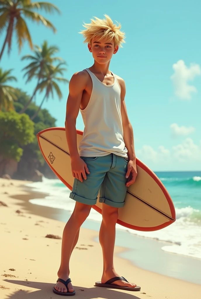 teenage boy, sandy beach, sunny day, turquoise ocean, gentle waves, surfboard, wet hair, barefoot, beach towel, sunscreen, beach umbrella, sea breeze, laughter, joy, relaxed posture, sunglasses, beach hat, seashells, beach toys, beach volleyball, beach football, beach bonfire, beach party, friends, beach volleyball game, sandcastle building, seagulls, palm trees, sunset colors, golden hour lighting, vibrant colors, summer vibes, carefree atmosphere, youthful energy, beachside activities, playful spirit. (best quality, highres), (realistic, vivid colors), (photography), warm tones, soft lighting.