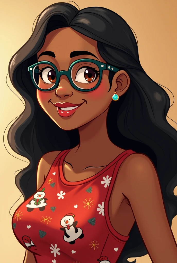 Animated mom,glasses, long hair , dark skin, sleeveless Christmas shirt ,from the waist up, brown eyes,happy,Chubby but not so much ,without earrings