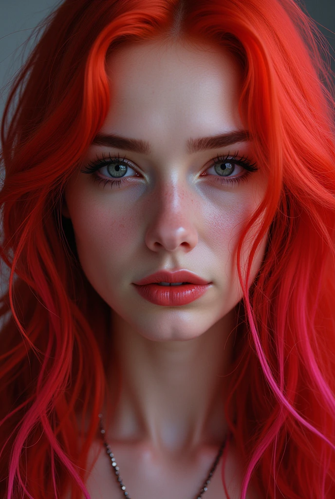 A close up of a woman with long red hair and a necklace, a portrait ...