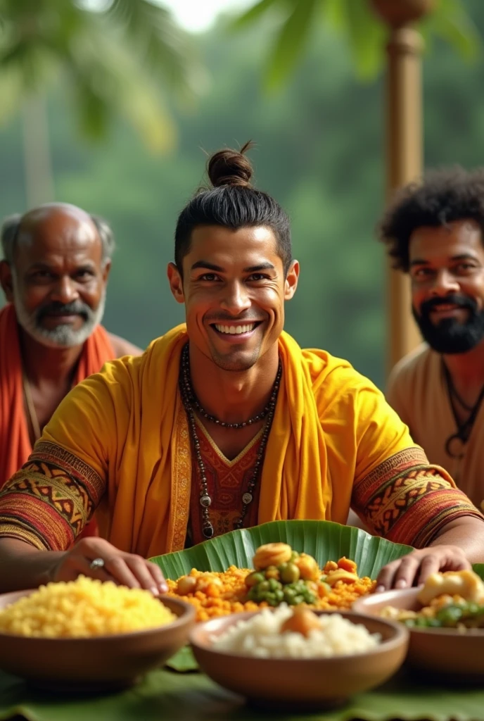 Five men participating in keral boat racing, one of the man is main character and he has no facial hair , bald, not muscular, always happy and energetic, wearing a golden chain