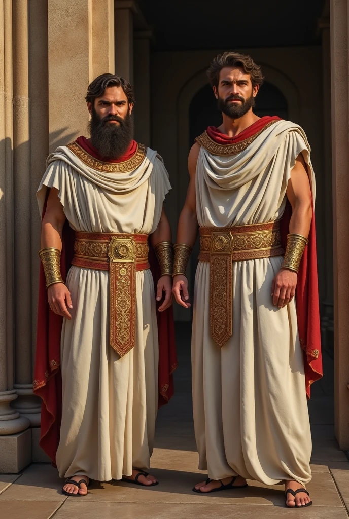 Male Titan, dark skinned muscular body, hairy chest, white hair, green eyes, Greek cloak clothing, naked, visible member, amazing lighting, greek temple.