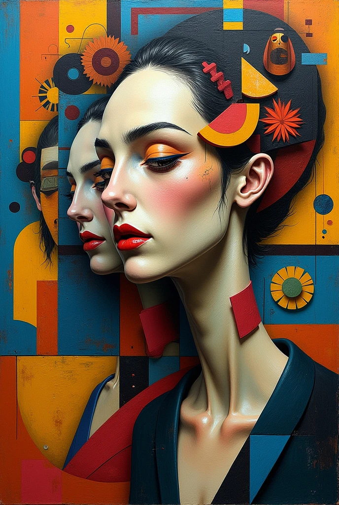 Expressionist artwork images of multiple floating ceramic heads, 3d collage style, make it weird and gallery worthy, ((transgender women)), portrait, absurdres,highres,ultra detailed,ultra-detailed background,detailed background,extremly detailed,1girl,bunch of flowers,(zentangle:1.2),(geometric:1.2) multi-colored color palette, monochromatic, big , cleavage, sideboob, lingerie, realistic depiction, arms behind back, kaleidoscopic, multidimensional, ethereal glow, captivating uniqueness, surreal juxtapositions, visual symphony, unforgettable visual narrative, edgy, mathematical, simple-shaped vectors, highly modern, stylistic, polygonal abstraction, vector art, bold lines, minimalist color scheme, digital art, abstract geometry