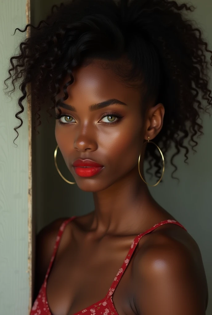 18 year old Haitian very black girl, very dark skin,
 blue eyes, long curly hair wearing red lipstick, wearing a metallic blue dress 
