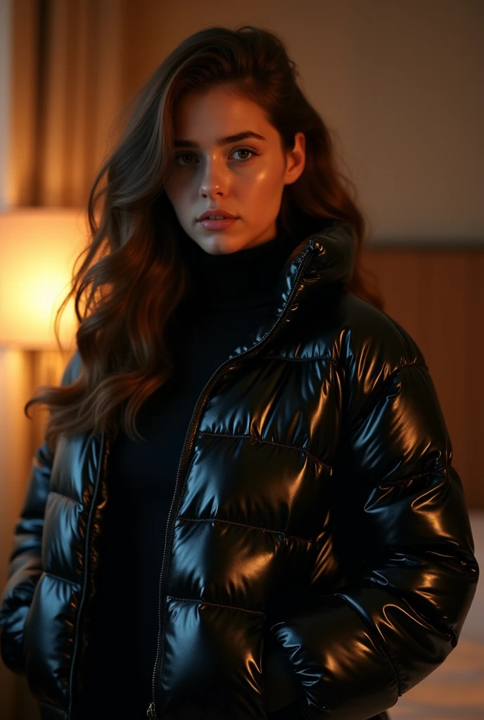 cinematic film still close shot photo of <lora:quiron_AdrianaChechik_v1_Lora:0.77> AdrianaChechikQuiron woman wearing an expensive Puffer coat with a metallic sheen and oversized hood and tan black new wave dress with edgy accessories, hd, hdr, 2k, 4k, 8k, canon, kodak, . shallow depth of field, vignette, highly detailed, high budget Hollywood movie, bokeh, cinemascope, moody, epic, gorgeous, film grain, grainy