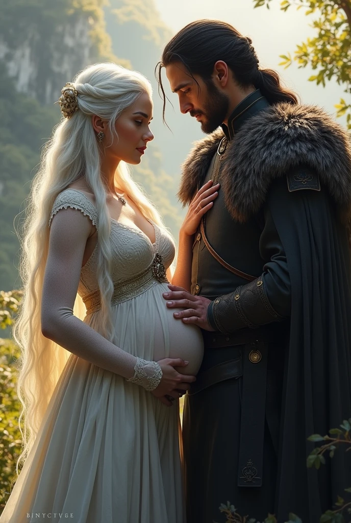 Take a young teenage girl, she is very beautiful and sexy, she has white hair and purple eyes, pale white skin, she is pregnant.
she is in a room from the medieval era, middle ages, Beside you is a very tall, handsome and sexy ma, he has white hair and purple eyes.
the young woman is half naked, Do the man too
