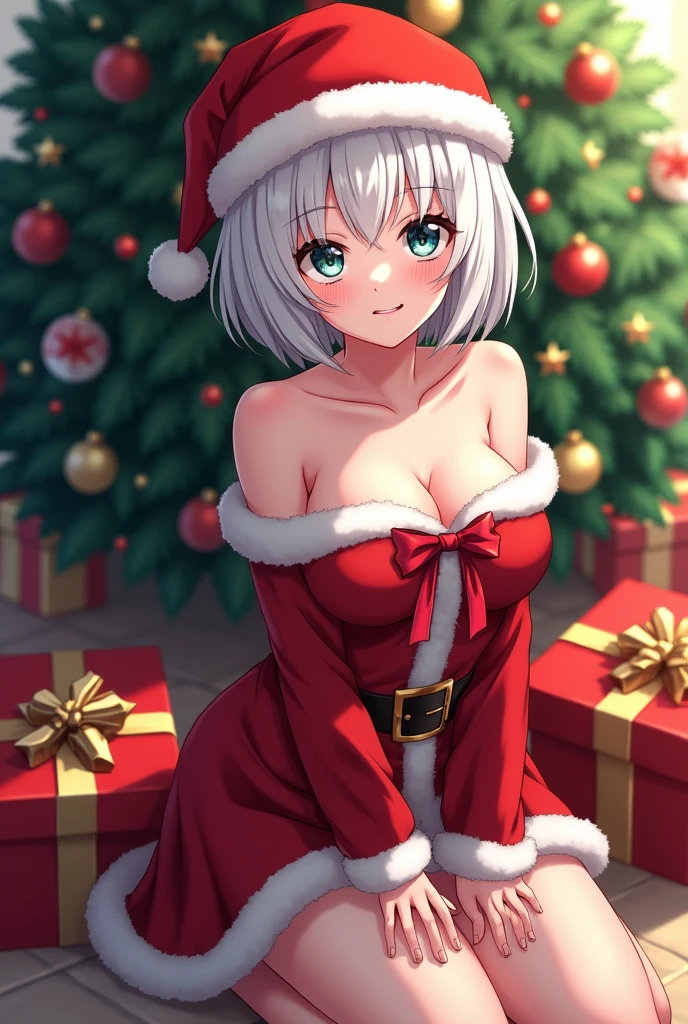(((A woman surrounded by many luxurious gifts:1.7))),(((A woman crawls on all fours in bed holding a large present:1.7))),(((all-fours:1.3))),(((christmas tree night lighting:1.7))),(((santa claus cosplay women wallpaper:1.3))),a miniskirt,(The white part of the costume looks like fluffy snow,The red part is made of luxurious velvet material.).off shoulder with sleeves,(Emphasis on large breasts:1.3),(Short hair with shiny silver and orange stripes,Ponytail twisted buns adorned with elaborate braids and beads,Braided Setup Fishbone Hair,),(Bangs are see-through bangs),with round face,An attractive woman with a natural smile and charming expression,Transparent skin,(The 8k quality,masutepiece,top-quality,Ultra-high resolution output image,),(Highly detailed raw photos:1.3),(Image Mode Ultra HD),