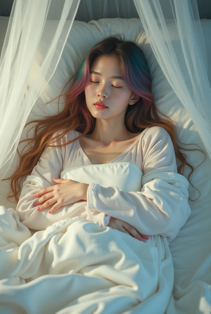 (best quality,8k,ultra-detailed:1.2),(CG,CG art,3D rendering),(masterpiece:1.2),(lying on the bed with head lying on a pillow),(confort large pijama clothing),(movie lighting,futuristic),(woman lying in bed,sleeping,closed eyes),(large window behind her,tranquil night),(colorful hair:1.5)