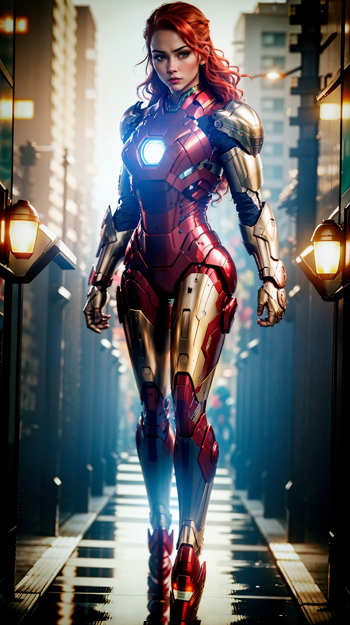 Highly detailed, cinematic, realistic. A stunning red-haired woman with vibrant green eyes wearing a sleek, customized Iron Man suit designed with elegant and feminine curves. The suit features intricate metallic details, glowing green energy cores, and accents that complement her striking hair and eyes. She stands confidently in a bustling futuristic street, inspired by Mass Effect, with neon signs and advanced technology in the background. The suit's form-fitting design emphasizes a balanced and athletic build, blending power and grace. Rendered in ultra-high resolution with soft natural lighting, realistic reflections on the suit, and photorealistic textures. (8k, ultra high-resolution, cinematic, natural colors:1.3).