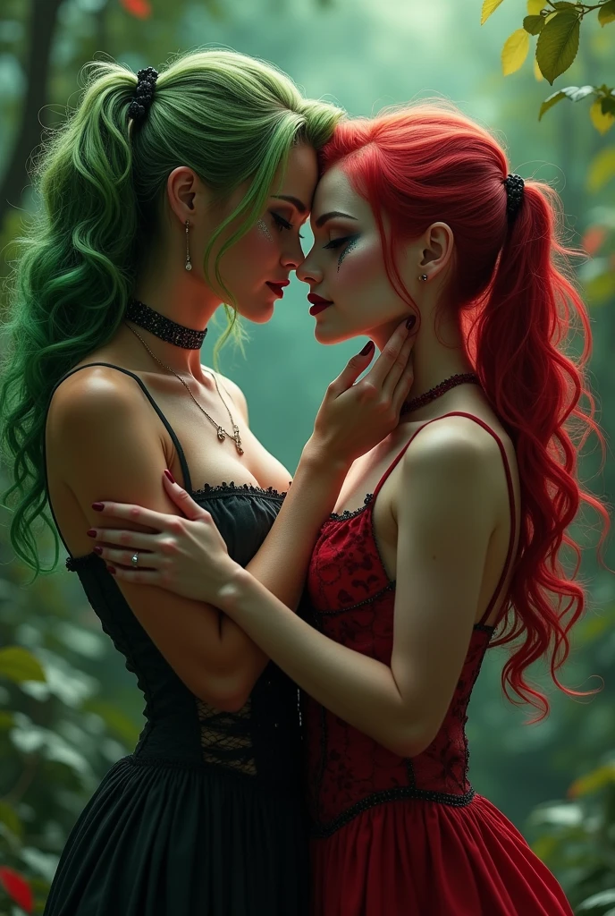lesbianism, two sexy girls, red and green hair, lingerie, on the couch in a living room overlooking a magical night with stars, affectionate (best quality, 4k, 8k, high resolution, masterpiece: 1.2), ultra-detailed, (realistic, photorealistic, photorealistic : 1.37), intricate details, vivid colors, sharp focus, professional, Dave McKean artwork, surreal oil touch, oil painting style, portrait, woman, beautiful detailed eyes, beautiful detailed lips, dreamlike atmosphere, game of shadows, soft lighting, fun pose, dark tones, ethereal background, fantasy elements, texture, layered composition. art inspired by Bill Sienkiewicz and Dave McKean