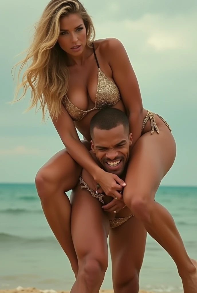 NSFW (Gwen Stacy, nude, sparse pubic hair) oral, vaginal, and anal gangbang fucking (many African males) on a deserted beach