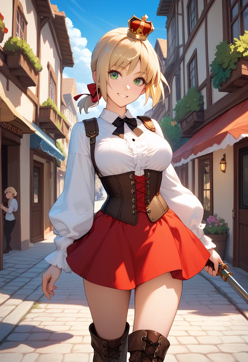 masterpiece, Highest quality, Absurd, Perfect Anatomy, One girl, alone, Asheria, Asheriaのコスチューム, Red Skirt, Small mini skirt, short hair, Bobcut, Blonde, Pauldrons, Are standing, Outdoor, Fantasy, smile, Confident posture, Dynamic Angle,skirt lift up,