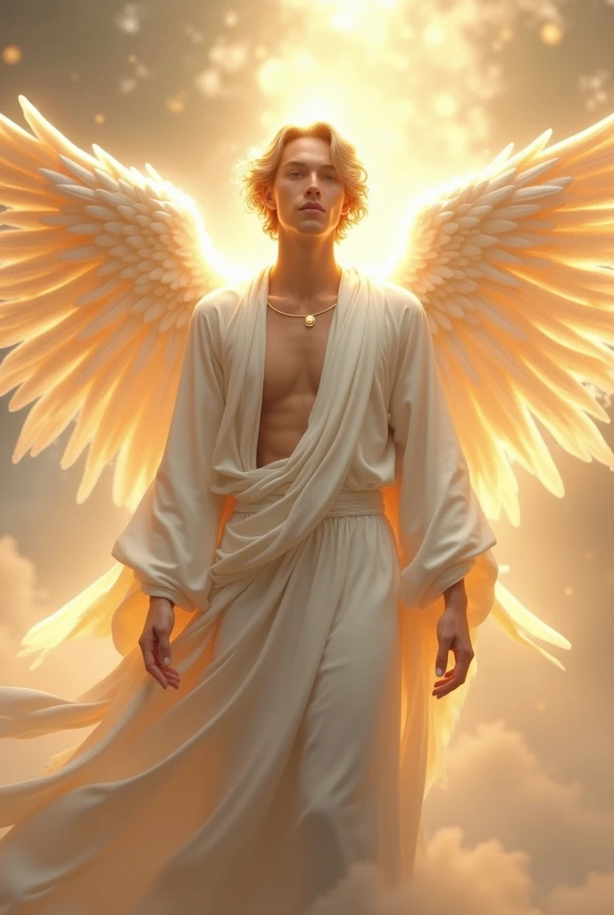- A gentle, white-winged angel (simple design)
    - Soft colors, with a subtle glow
    - Ethereal background, with a subtle texture

I want it as a man 