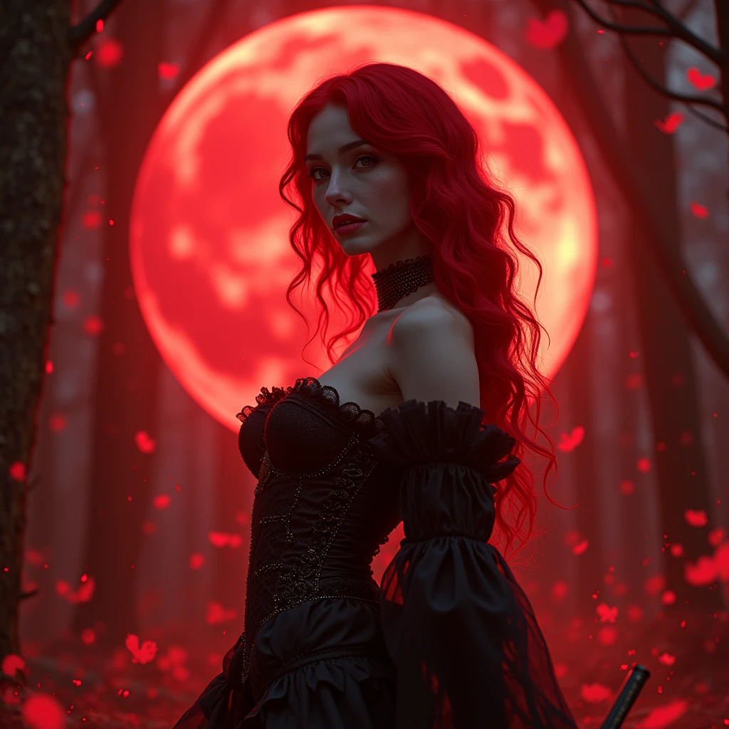 Luxury magazine phtotography, A beautiful ((evil slavic woman)), pale skin, long light brown hair, Full_body_Beautiful_seductive_enchantress, highly detailed dress, blood moon, red glow, mist, eerie Gothic aesthetic, double exposure photography, backlit, hyperdetailed double exposure , Junji Ito, victo ngai, M.W. Kaluta, richard anderson, a masterpiece, 8k resolution, highly detailed and intricate, vogue style, great lighting, Helios 44-2, Swirling bokeh, sharp focus, intricate details, highly detailed, sharp, Character portrait, perfect lighting, masterpiece, Detailed backstory, cinematic lighting, 8K