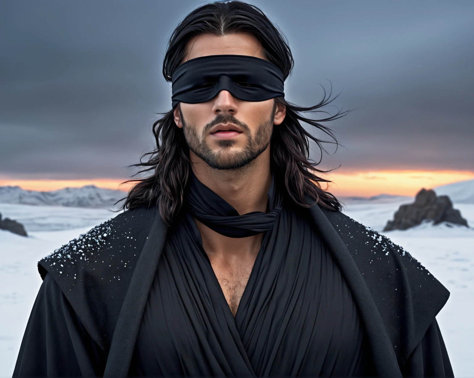  3D man with long black hair to his chest in a black coat like a Vikings on his naked body, black pins and  (( with a black cloth blindfold )))  on a snowy wasteland background ,  matte art ,   high resolution oil painting ,  hyperdetailed 3D painting  ,  computer game scene  ,wlop and andrei riabovitchev  , Charlie Boweter and Artgeem ,   Edmund Blair and Charlie Bowter   ,  seductive cyberpunk dark fantasy ,   High Definition Commission  , style of charlie bowater, Чарли Боуотер и Том Бэгшоу   realistic image , masterpiece,   artwork ,   hyperrealistic, Rendering ,  realistic physical Rendering ,  photorealistic Rendering ,  Very detailed ,   high-quality render  ,  architectural Rendering ,  very realistic 3 d render ,   realistic image 