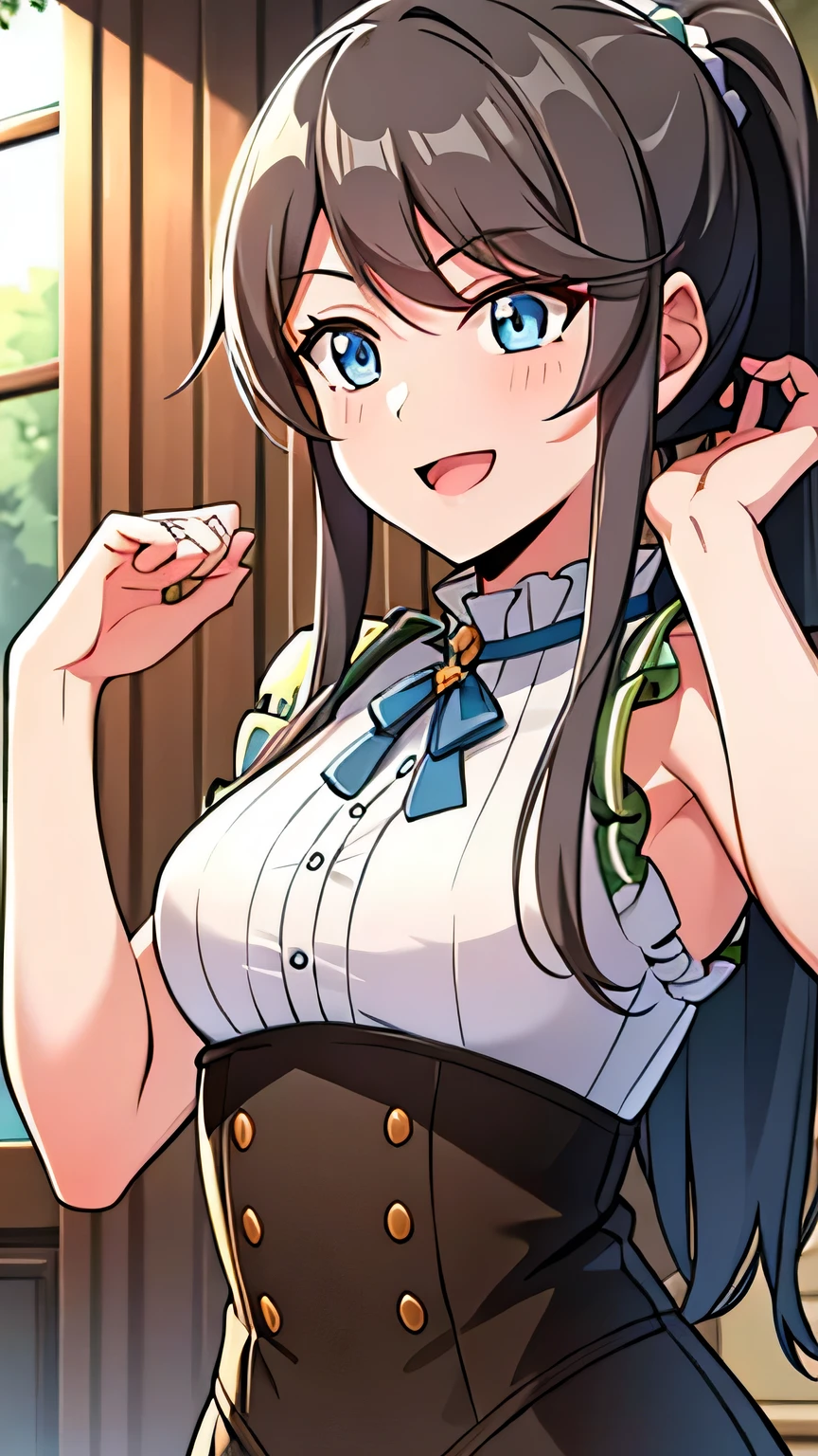 quality, masterpiece, highly detailed, 16k, masterpiece, tilly wimbledon, (ponytail hair), sleeveless, 1girl, smile, open mouth, blush, detailed face, detailed eyes, medium breast, blue eyes, castle, both hands up, armpits