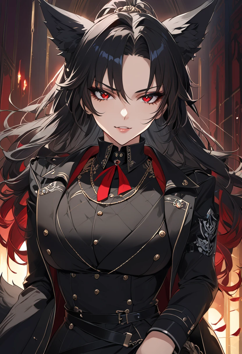 beautiful anime woman wearing a black military trench coat, tight black jeans pants, wolf ears, wolf tail, half wolf and half human, red eye color, black hair in a ponytail, light novel art, detailed anime art, anime, regal, royal, sexy, thicc, beautiful feminine facial features, flirtatious, sultry, slutty, petite, sharp canines, aheago, villain, all black clothing, high quality, very detailed anime art, feminine, slender face, military general vibes, pretty girl, good lighting, close up shot of face, red highlights, lewd smile, cute, mischievous sexy girl, naughty wolf girl