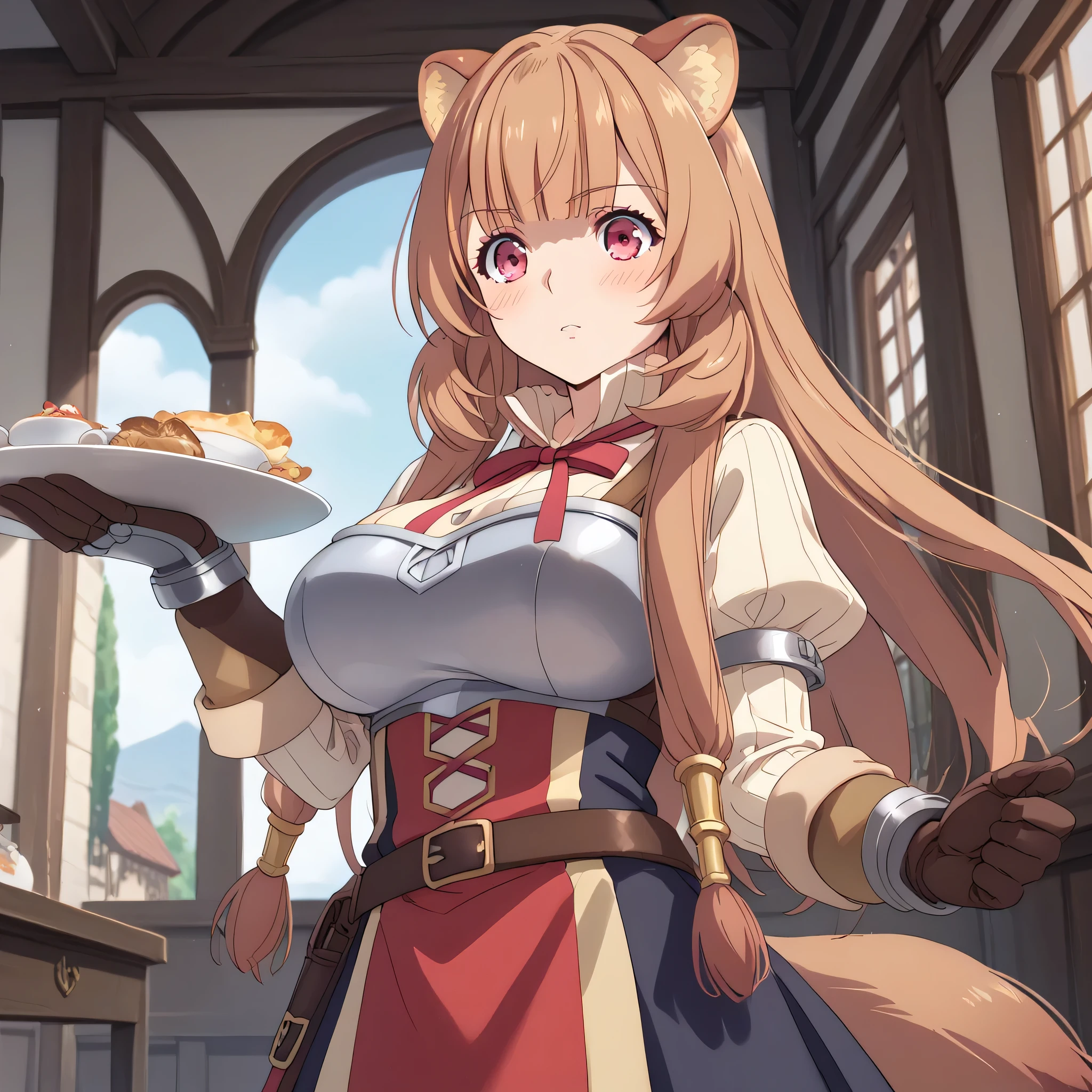 long sleeves, sweater, ribbed sweater, puffy sleeves, breastplate, ribbon, red ribbon, gauntlets, glove, brown gloves, belt, skirt, armor, breast, (huge breast:1.0), (blush), 8k masterpiece, (1girl, solo), raphtalia, long hair, bangs, brown hair, animal ears, raccoon ears, raccoon tail, raccoon girl, pink eyes,